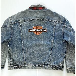 Vintage Levis Denim Trucker Jacket HARLEY Patch Type 3 1980s Flannel Plaid Lined